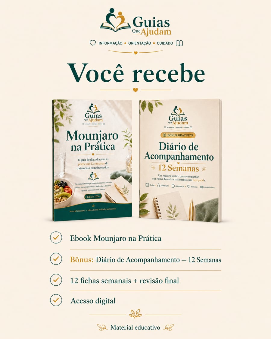 Você recebe: E-book Mounjaro na Prática + Bônus Diário de Acompanhamento 12 Semanas, 12 fichas semanais, revisão final e acesso digital